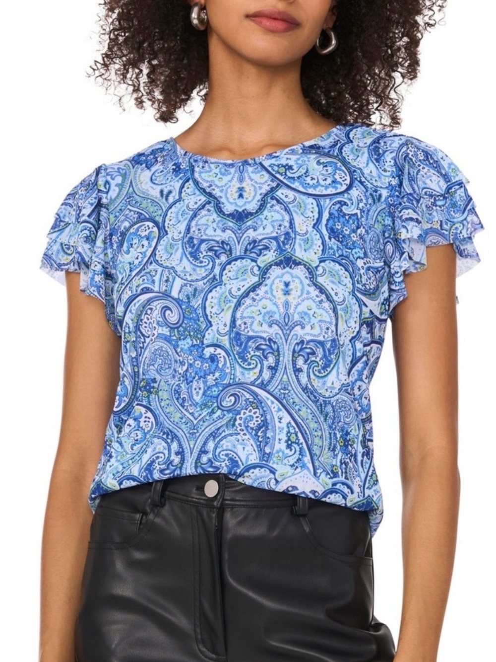 Vince Camuto Blue Paisley Ruffled Sleeve Blouse